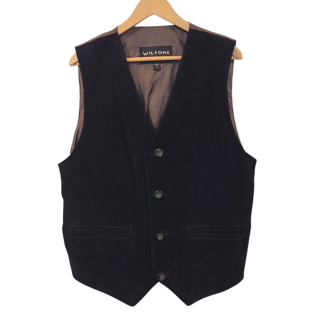 Wilsons Leather Mens Black Suede Button Front Vest Adjustable Cinch Back Large